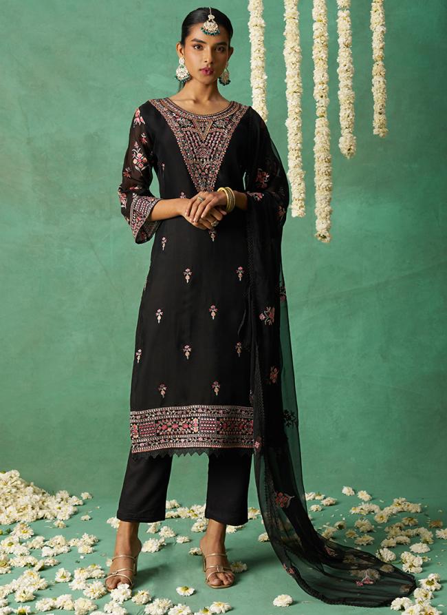 Pure Organza Black Ceremonial Wear Embroidery Work Straight Suit